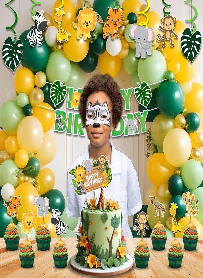 Festiko® Jungle Theme Birthday Decoration Combo (38 Pcs) - Includes Banner with Ribbon, 20 Balloons, Cake & Cupcake Toppers, Swirl Cutouts - Safari Theme Party Decor for Kids & 1st Birthday - Image 4